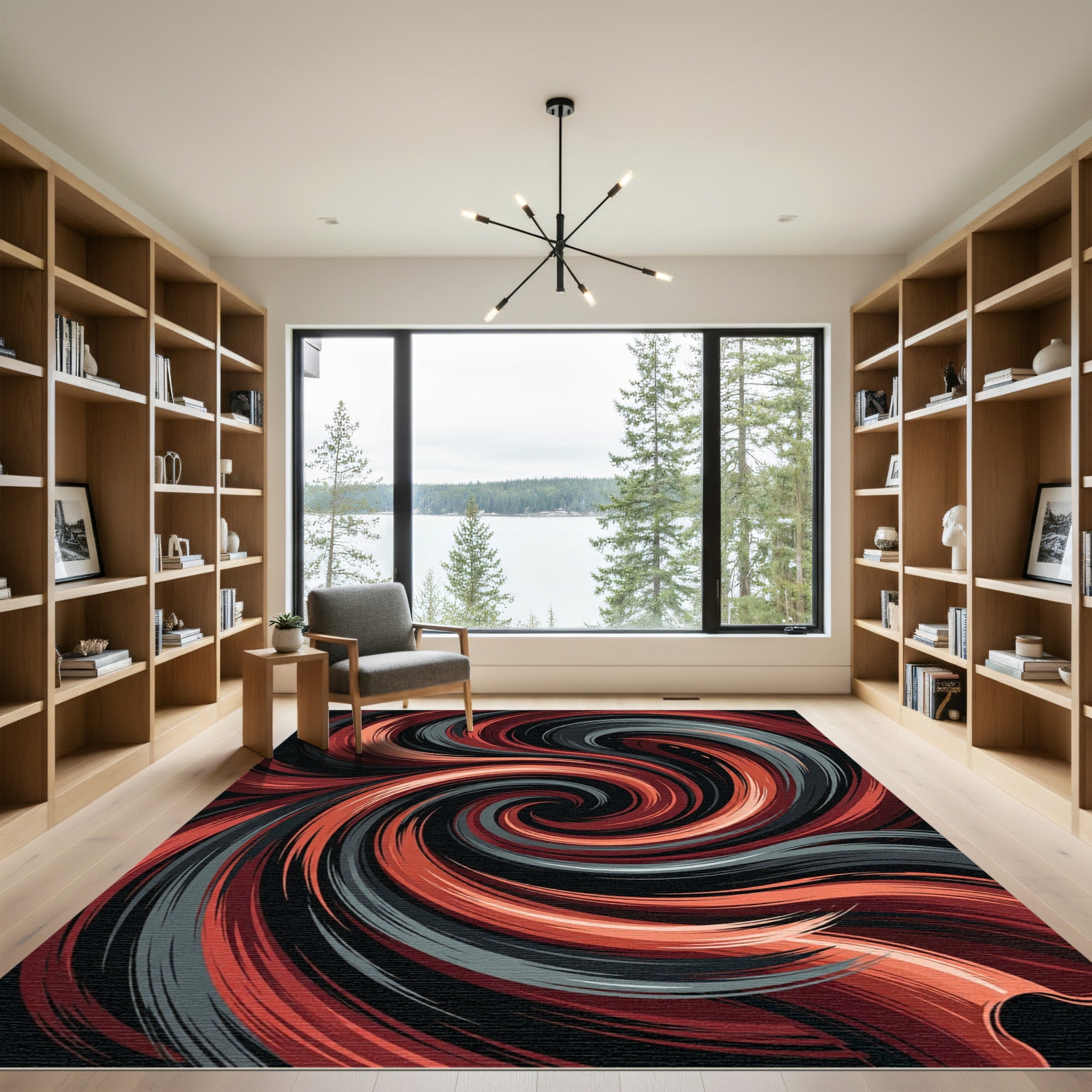 Modern Crimson and Slate Abstract Swirl Rug