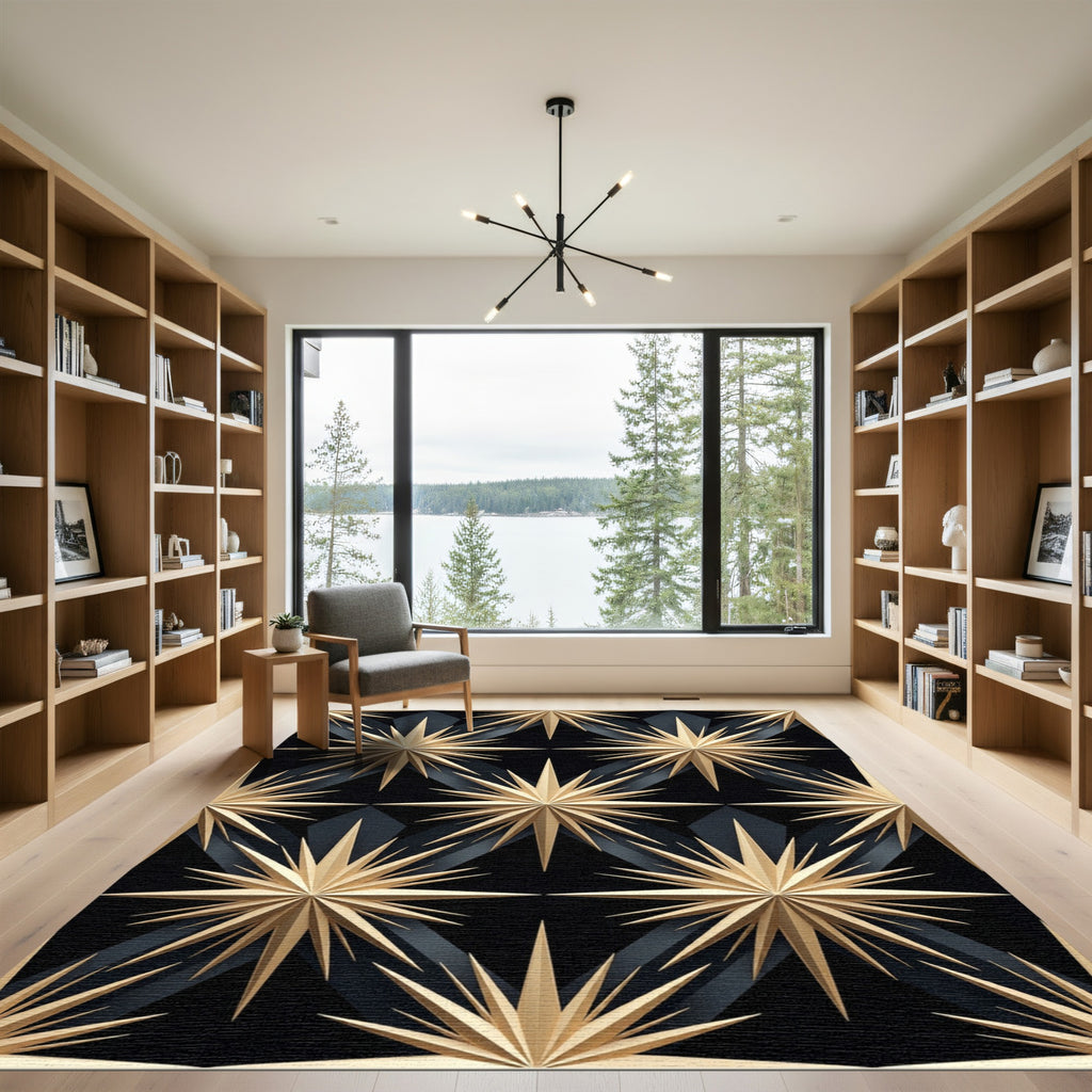 Elegant Gold Geometric Celestial Star Rug