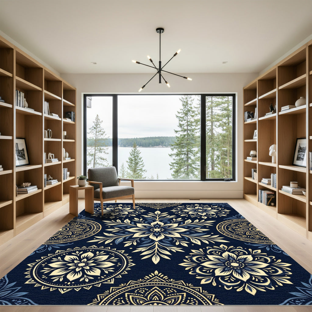 Midnight Navy Floral Gold Mandala Rug