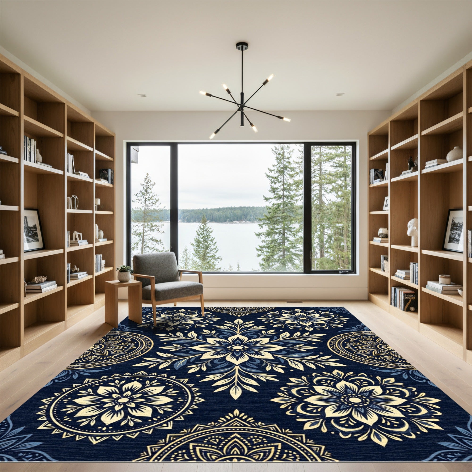 Midnight Navy Floral Gold Mandala Rug