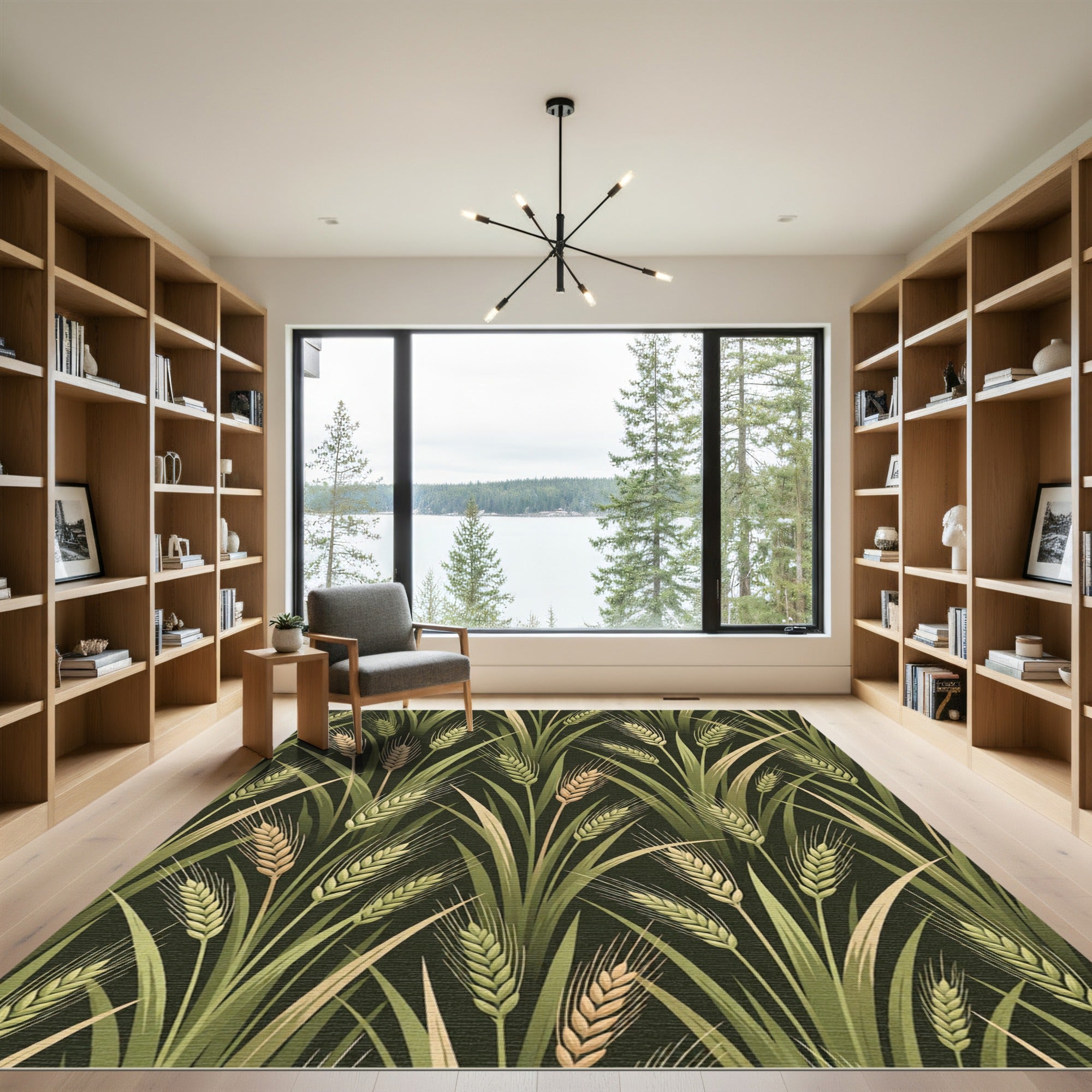 Botanical Golden Wheat Stalk Forest Dark Background Rug