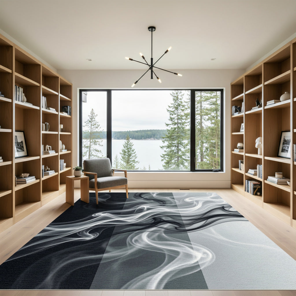 Monochrome Abstract Smoke Wave Rug
