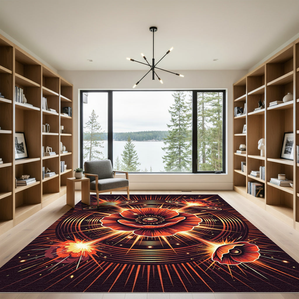 Vibrant Red Poppy Explosive Sunburst Rug