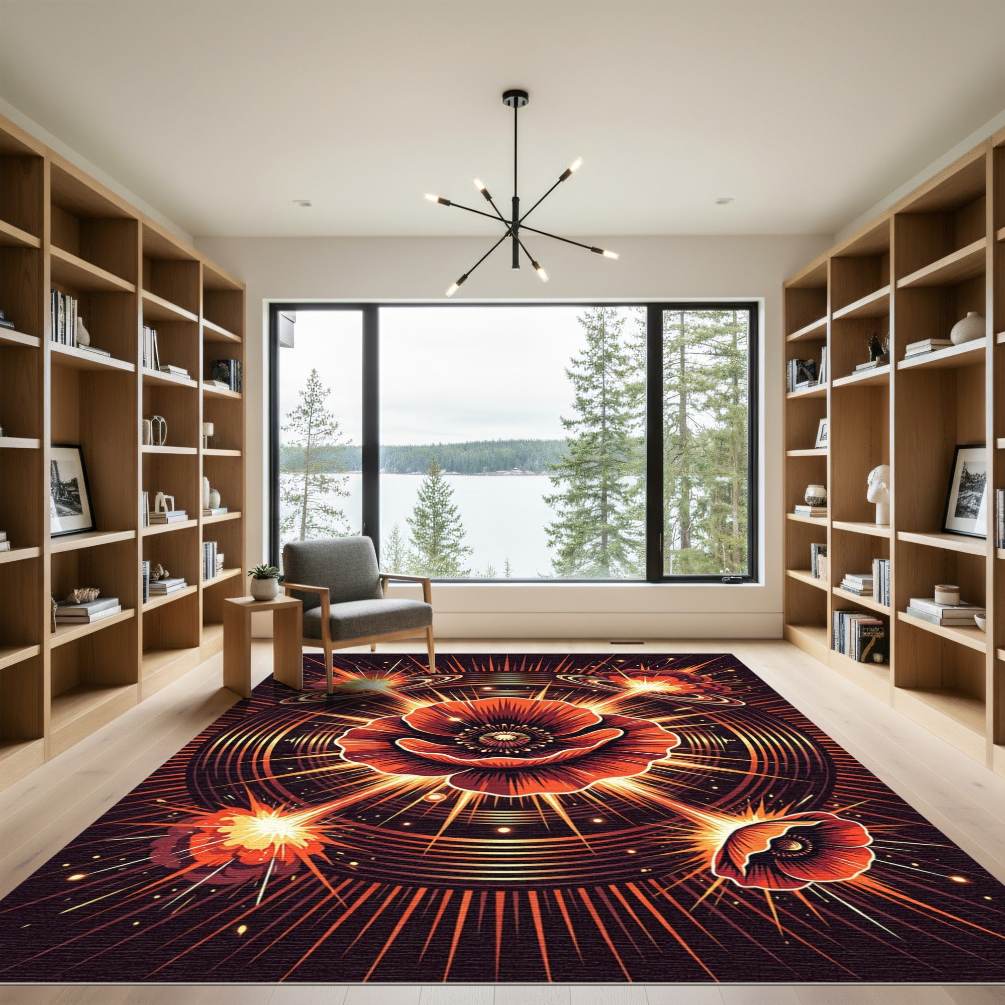 Vibrant Red Poppy Explosive Sunburst Rug