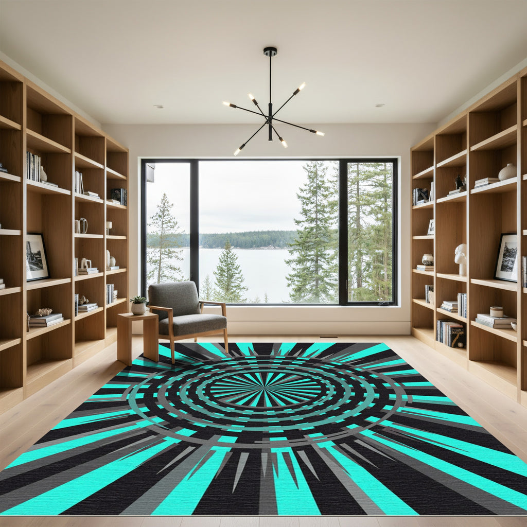 Cyan Electric Geometric Abstract Radial Vortex Rug