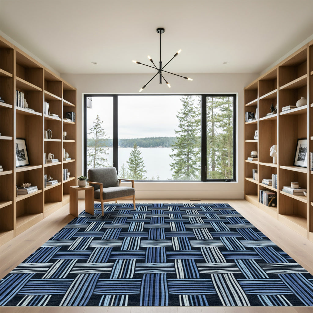 Blue Woven Grid Texture Rug
