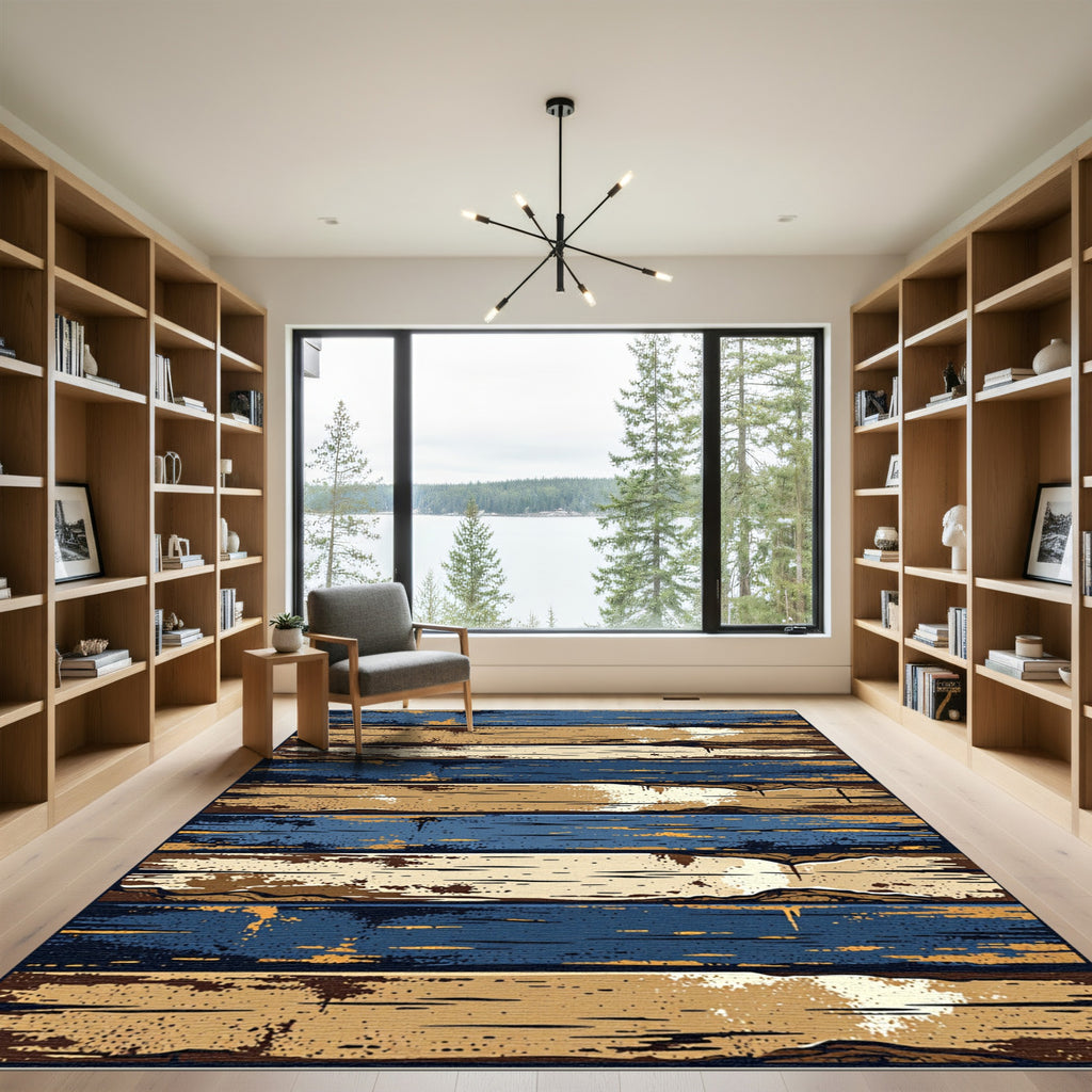 Rustic Distressed Navy and Ochre Planks Rug
