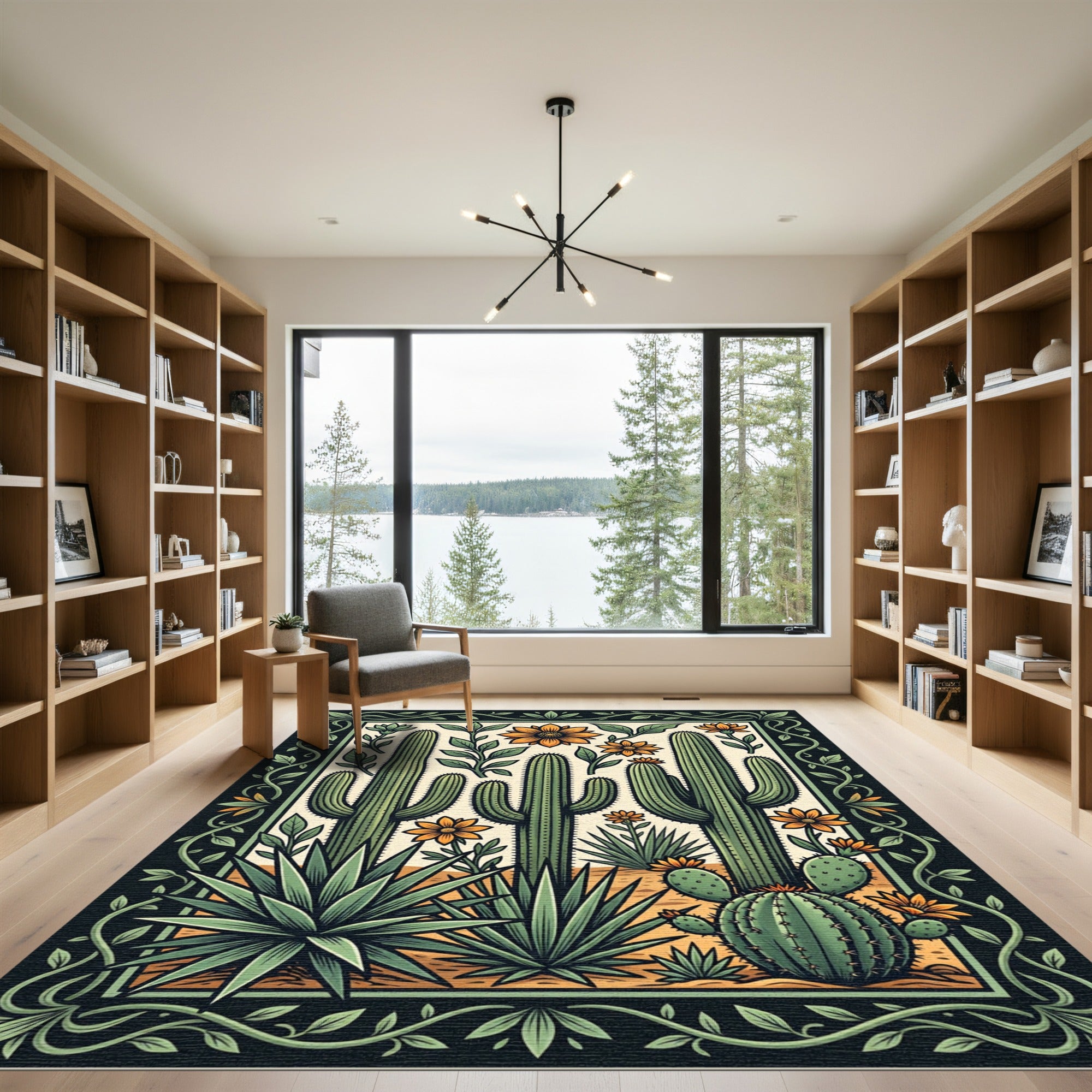 Southwestern Desert Cactus and Floral Art Rug