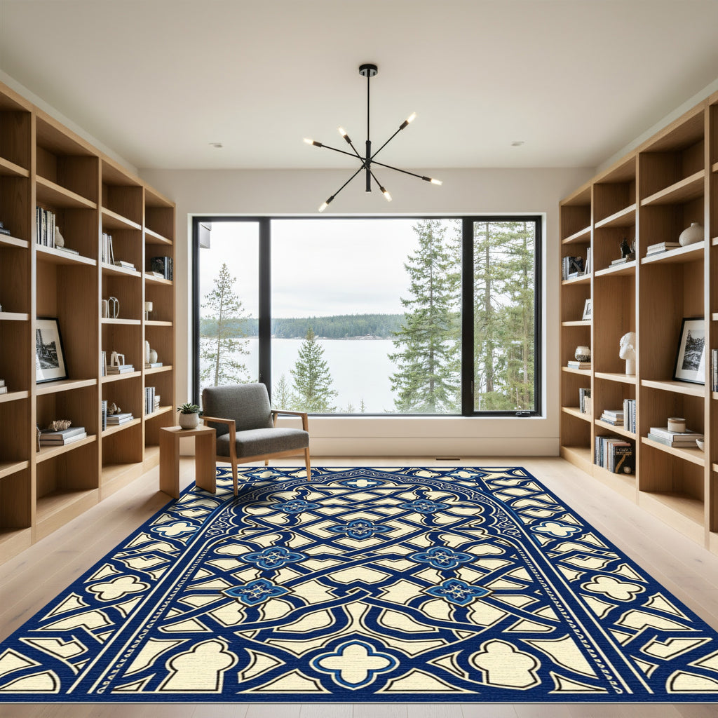 Ornate Navy Blue Geometric Arched Tapestry Rug
