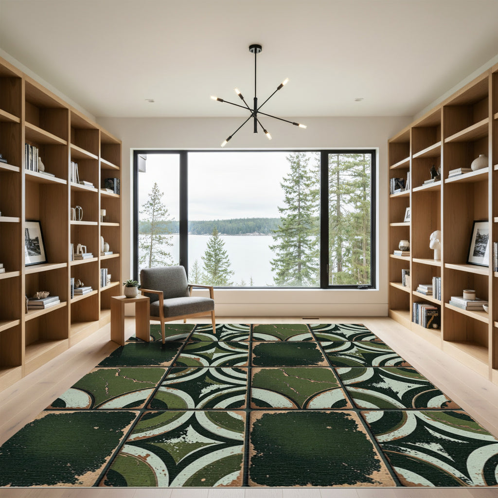 Midcentury Forest Green Geometric Arc Tile Rug