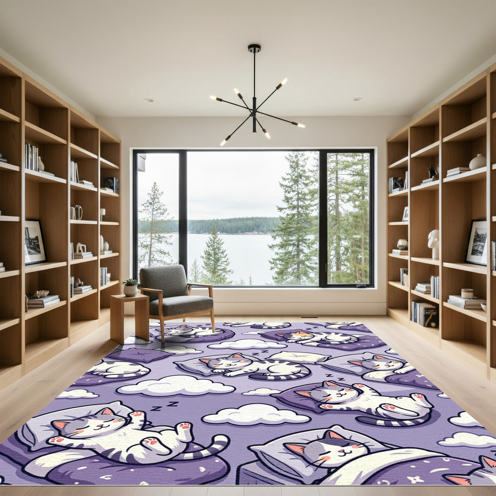 Sleepy Purple Cats and Clouds Rug