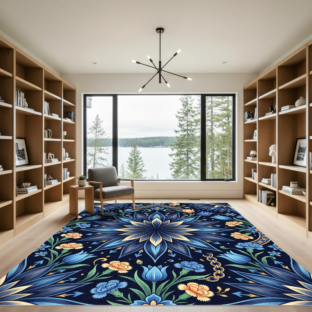 Deep Blue Floral Medallion Garden Rug