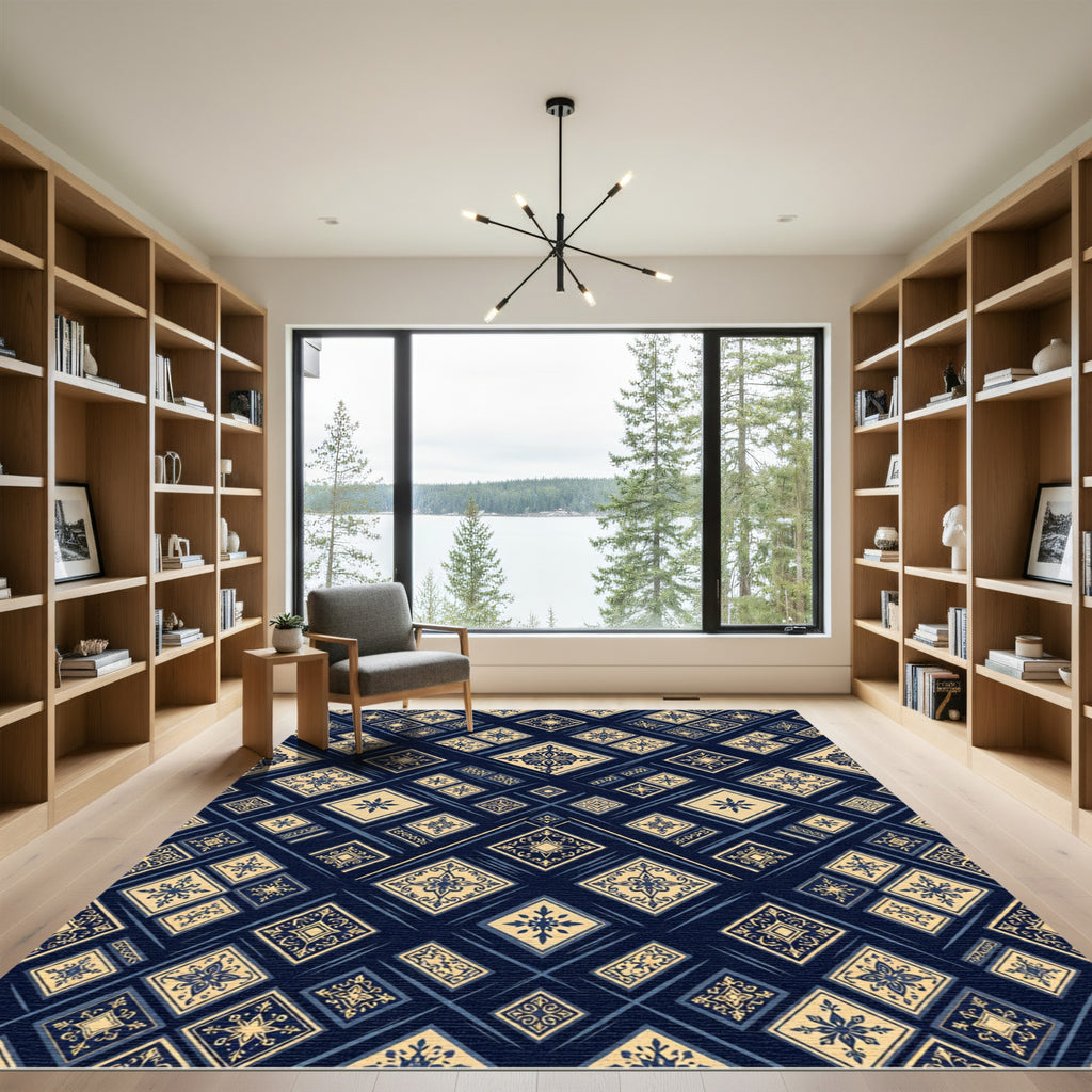 Deep Blue Golden Square Medallion Rug