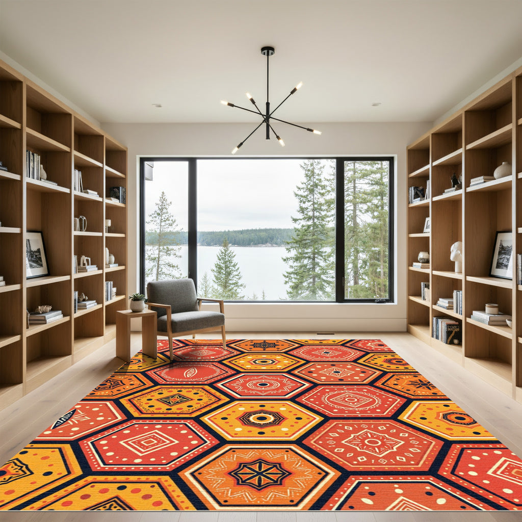 Orange Hexagonal Medallion Folk Art Rug
