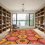 Orange Hexagonal Medallion Folk Art Rug