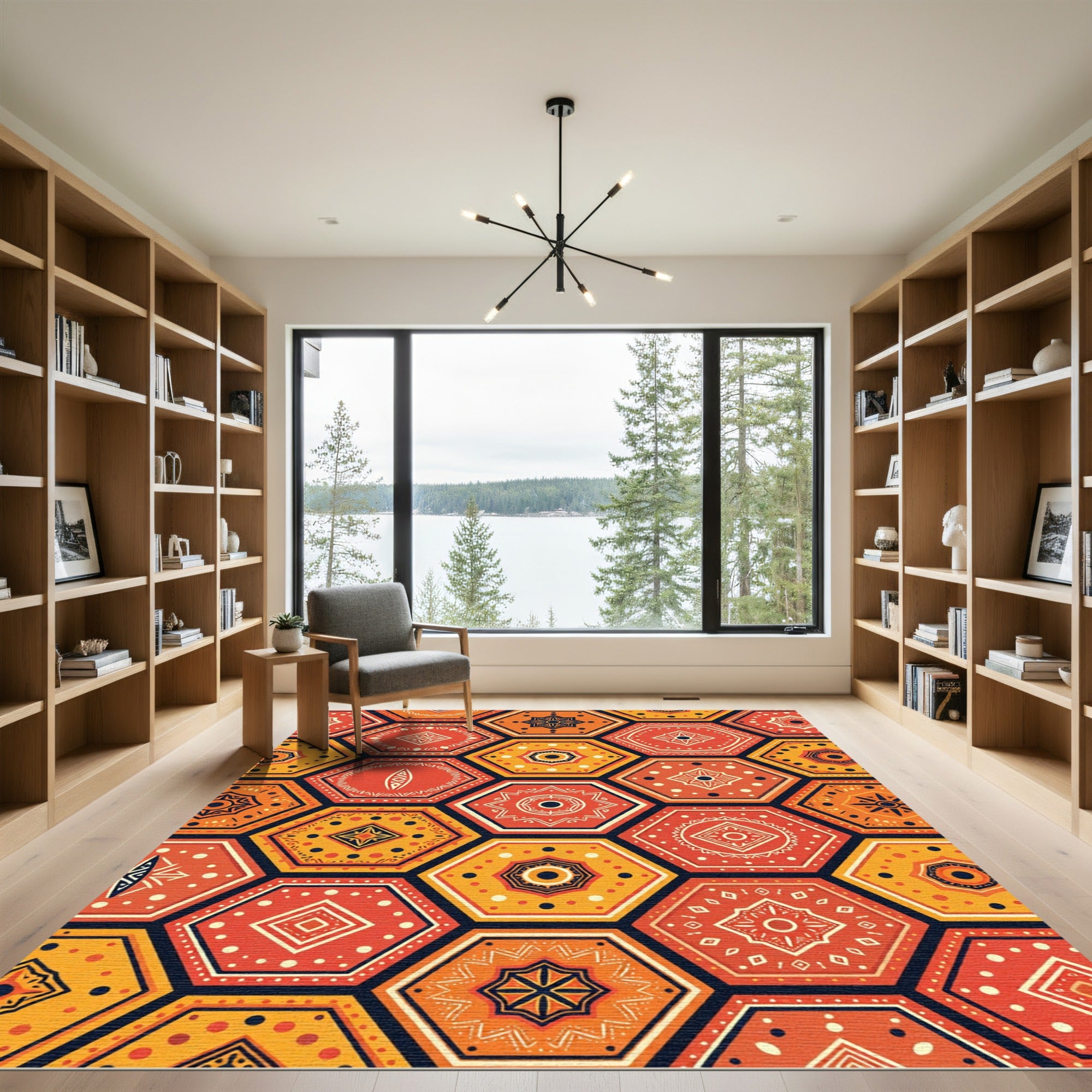 Orange Hexagonal Medallion Folk Art Rug