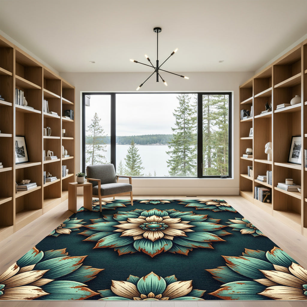 Distressed Teal Cream Floral Lotus Rug