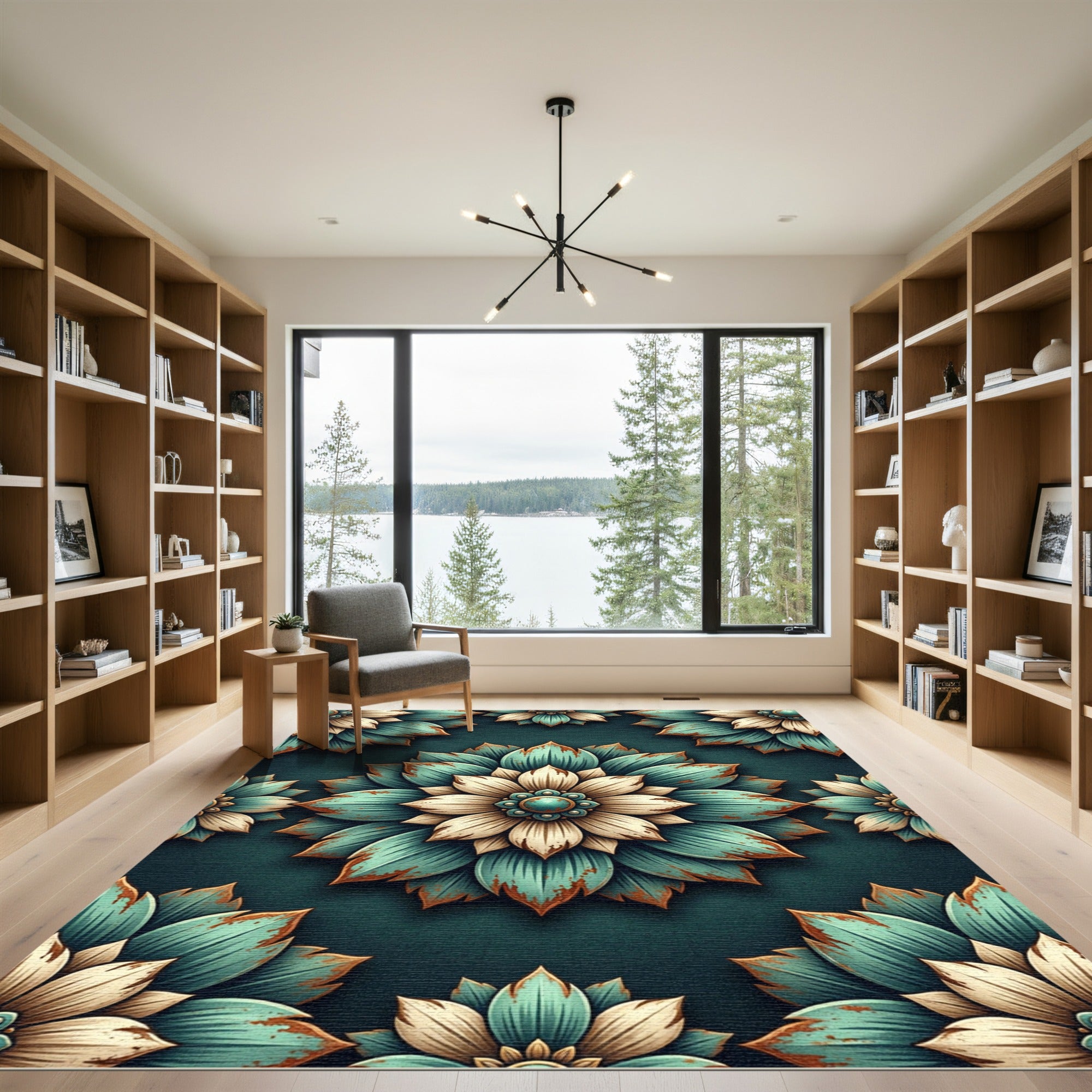 Distressed Teal Cream Floral Lotus Rug