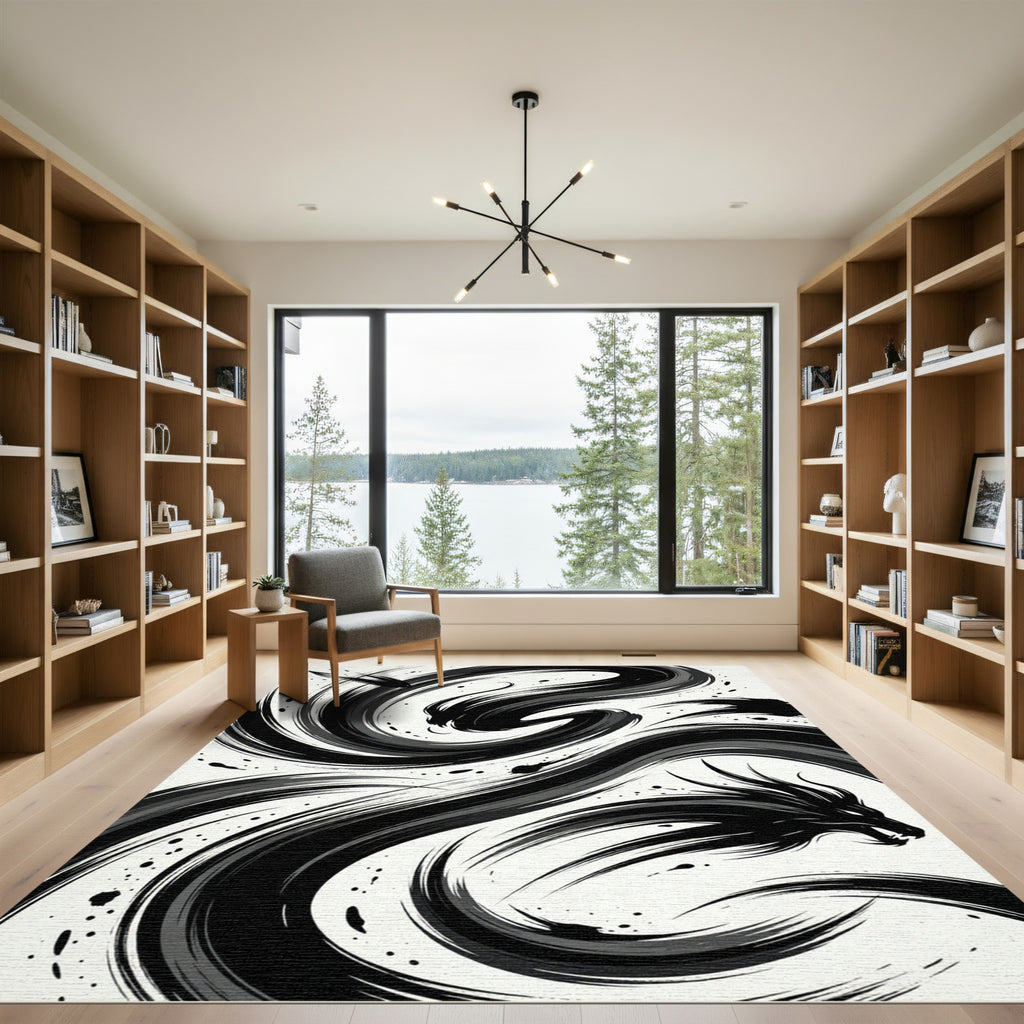 Dynamic Black Brushstroke Dragon Swirl Rug