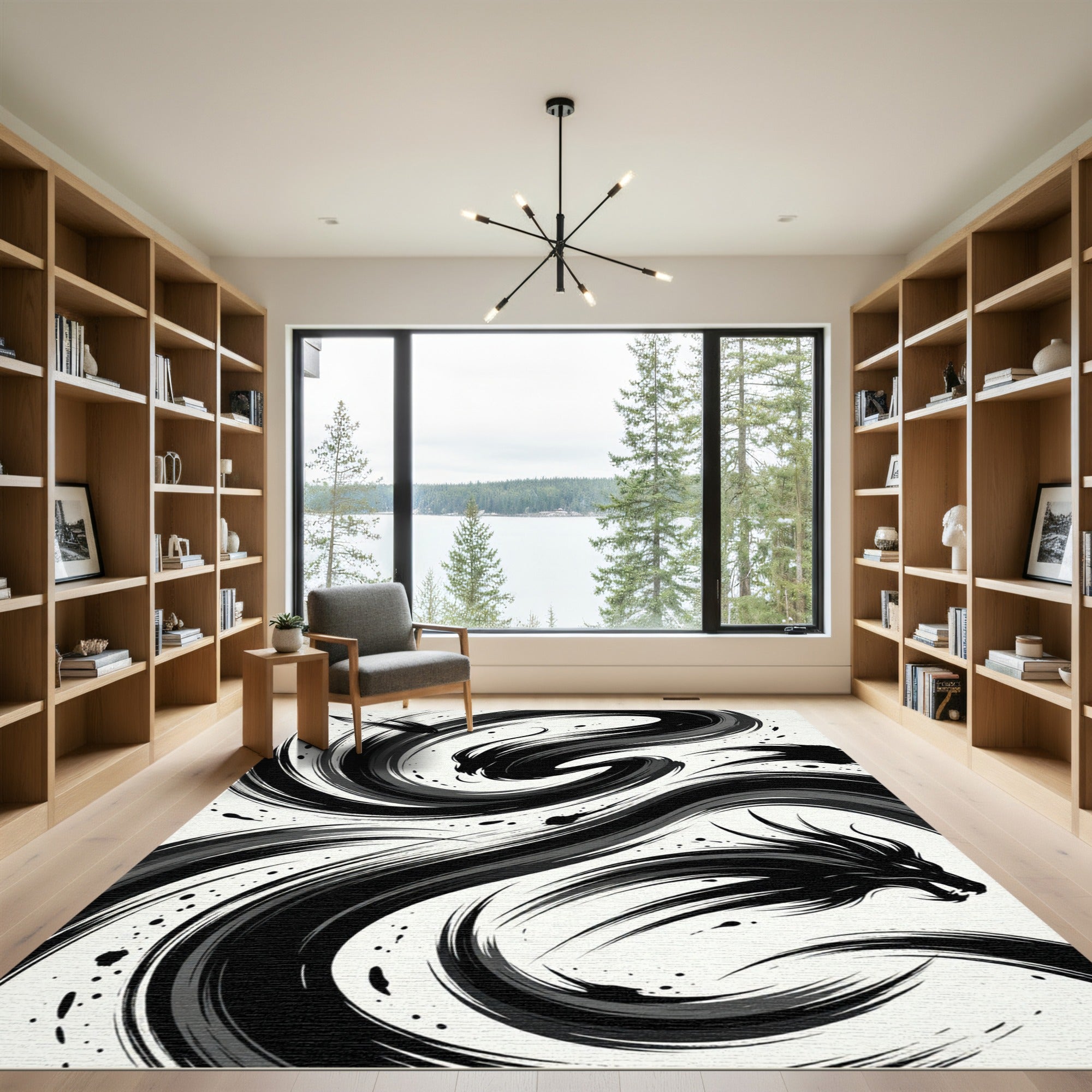 Dynamic Black Brushstroke Dragon Swirl Rug