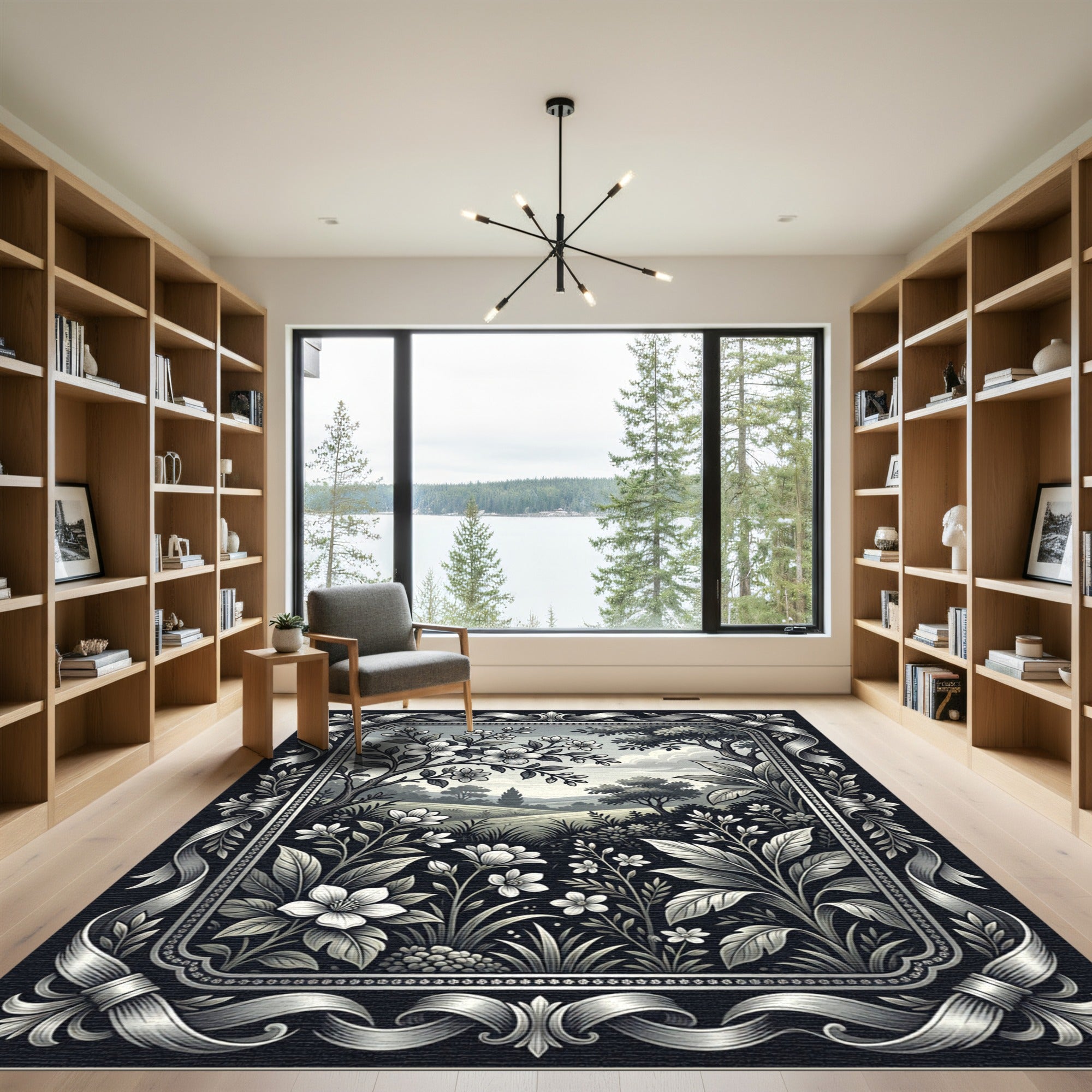 Monochrome Botanical Meadow Floral Illustration Rug