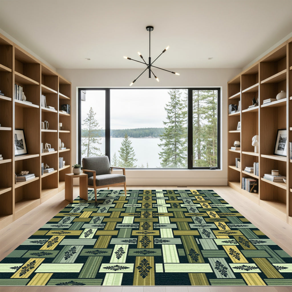 Olive Green Woven Damask Lattice Rug