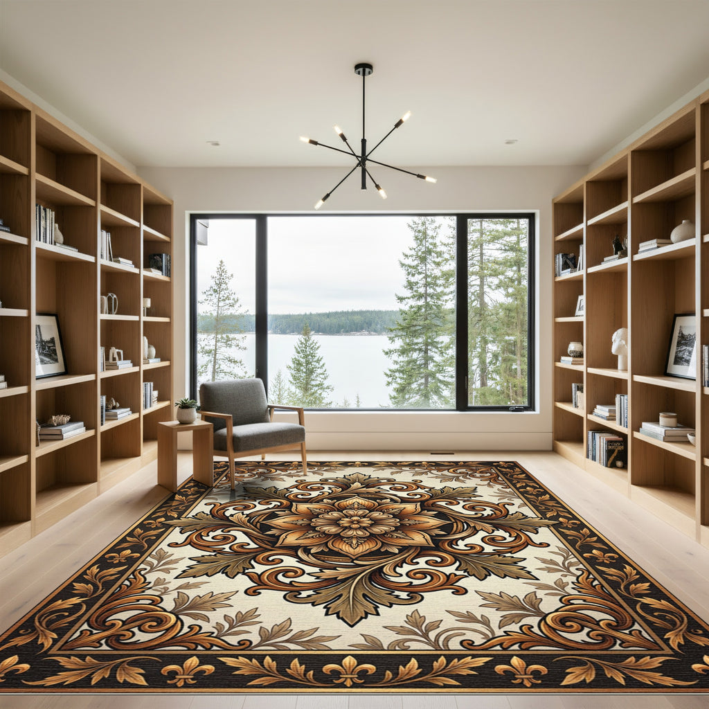 Elegant Gold Filigree Floral Acanthus Medallion Rug