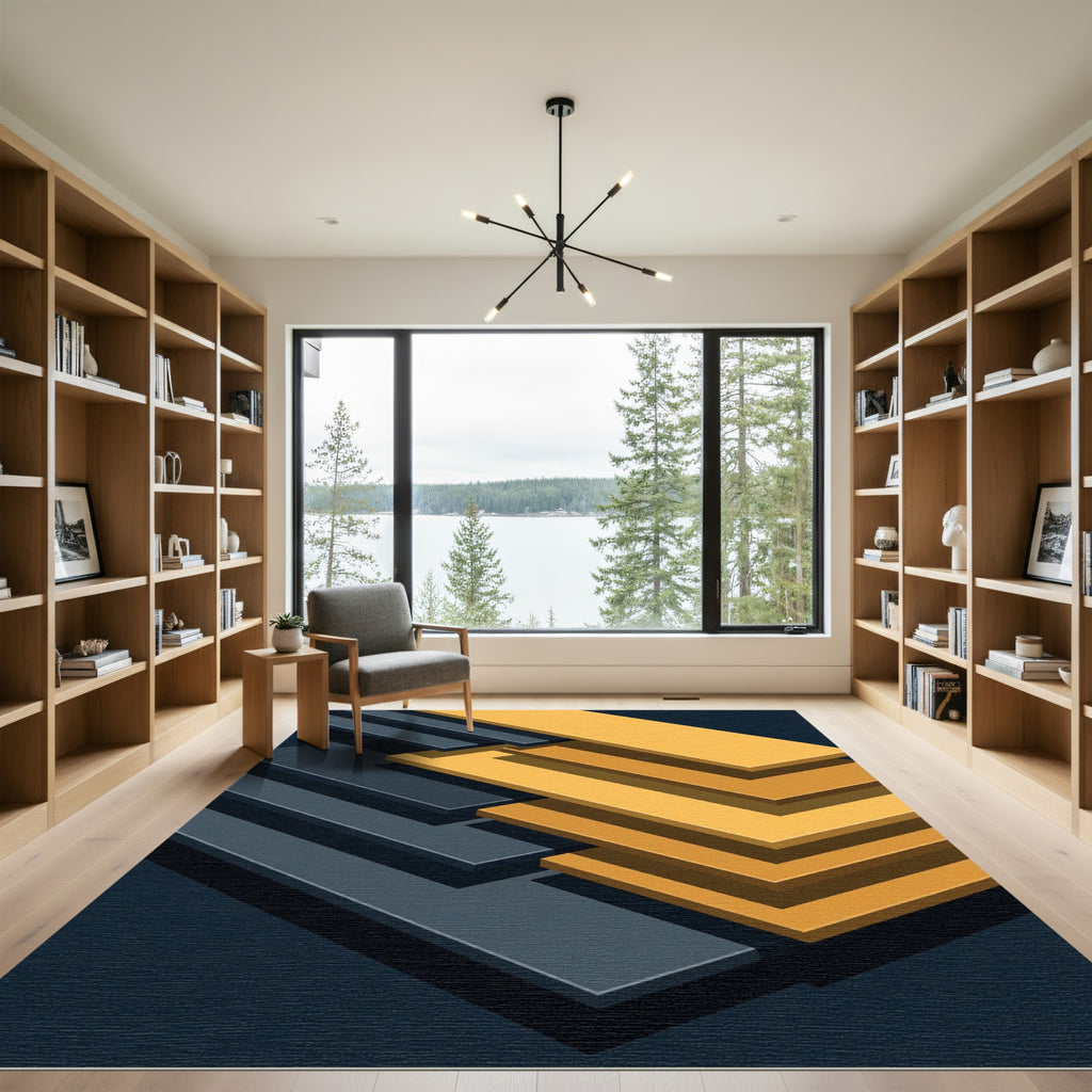 Dark Blue Gold Staggered Stripes Rug