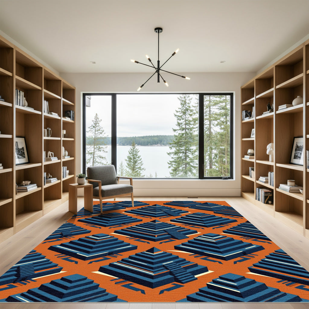 Geometric Blue Pyramid Burnt Orange Rug