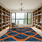 Geometric Blue Pyramid Burnt Orange Rug