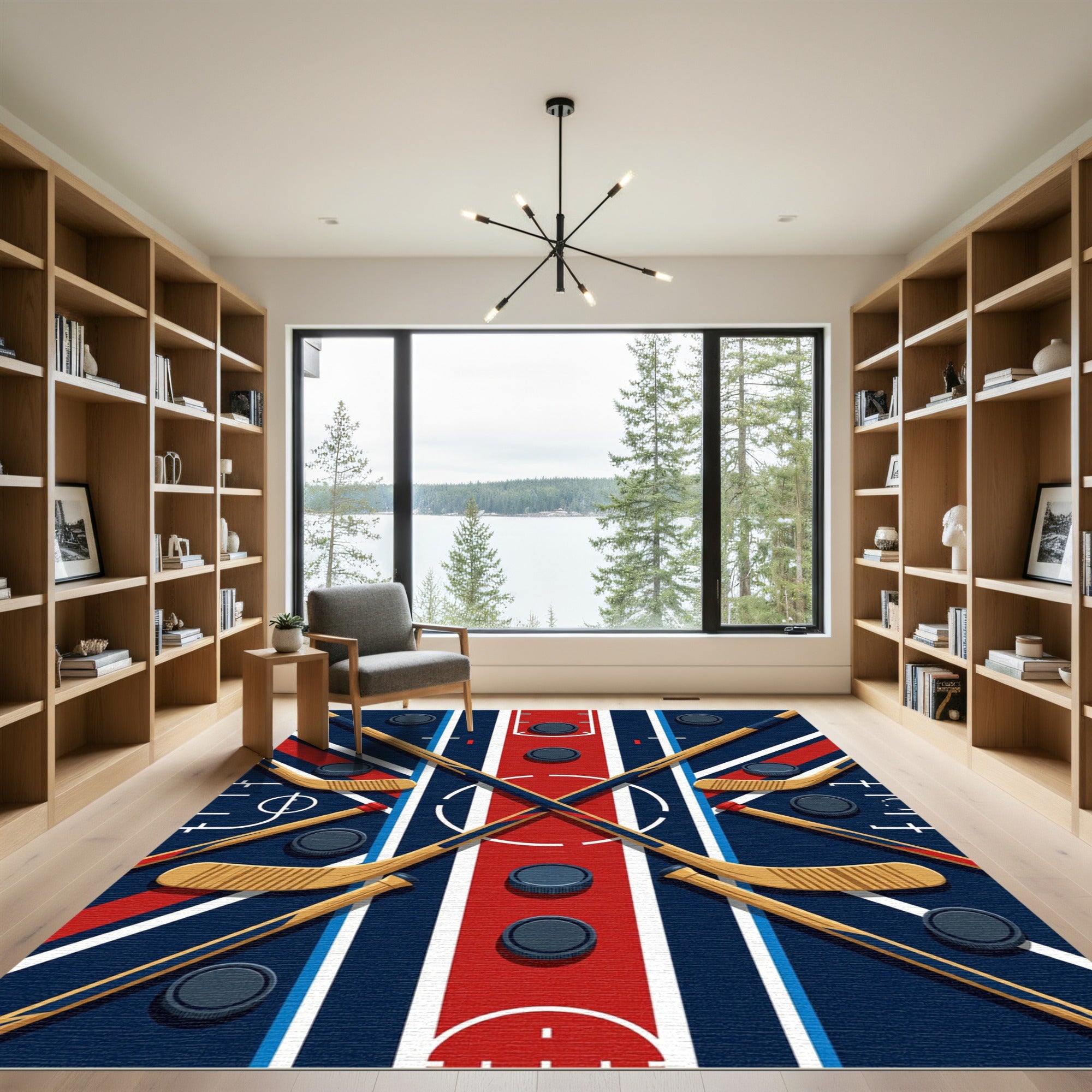 Dynamic Crossed Hockey Stick Ice Rink Rug