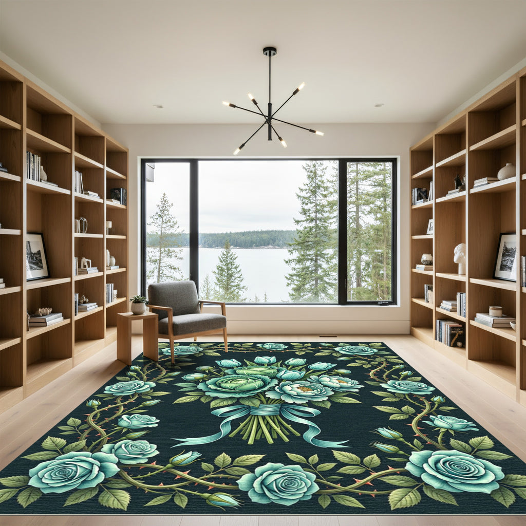 Elegant Teal Rose Bouquet Botanical Rug