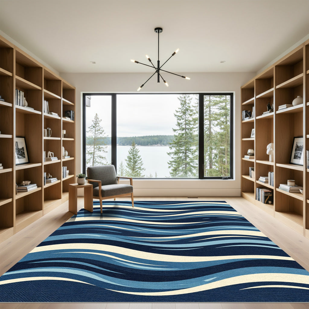 Navy Blue Flowing Wave Abstract Rug