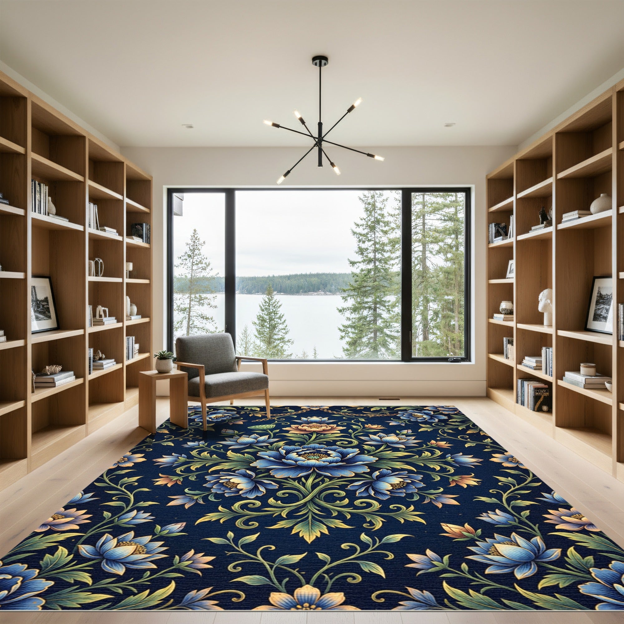 Midnight Blue Floral Lotus Vine Rug