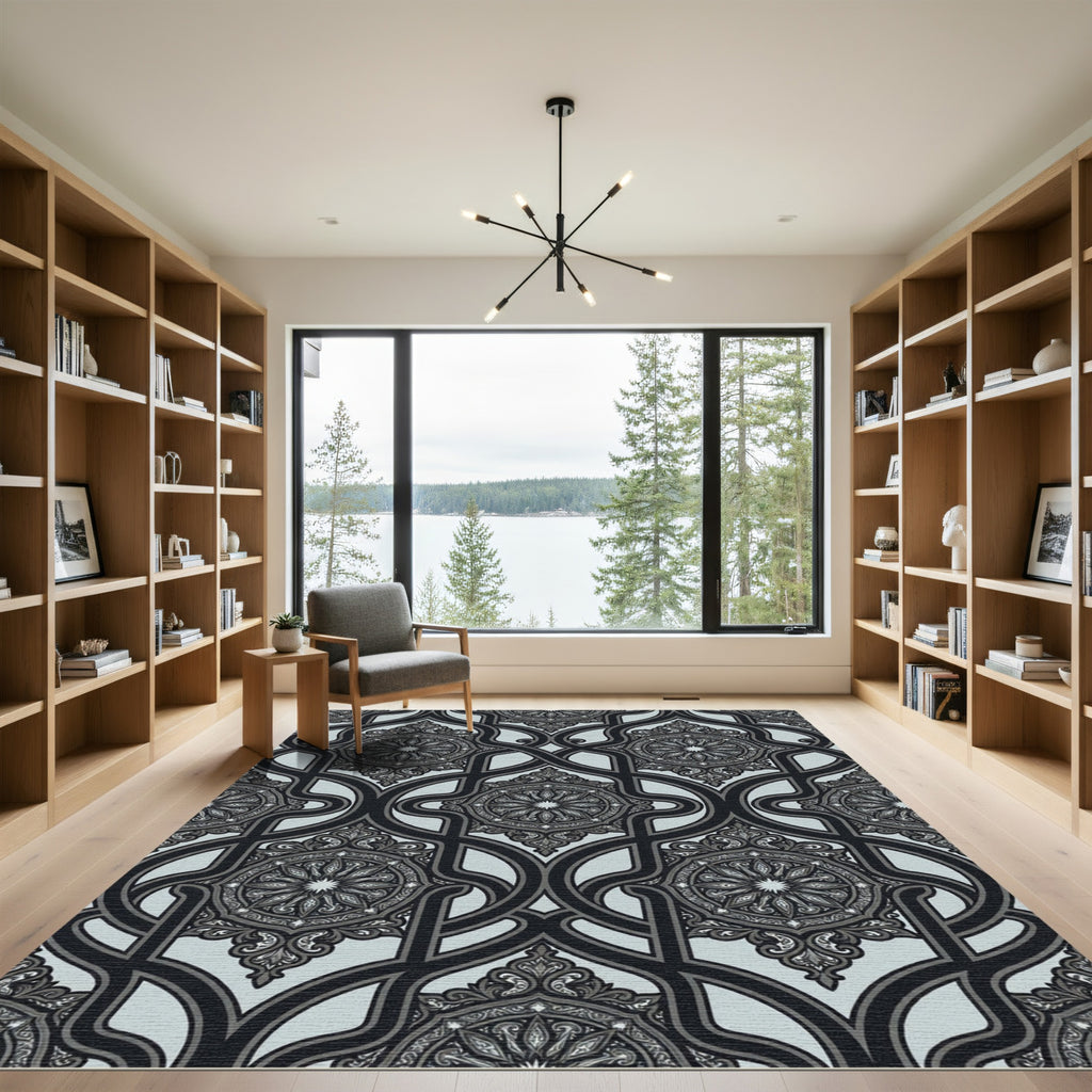 Intricate Geometric Mandala Grey Rug