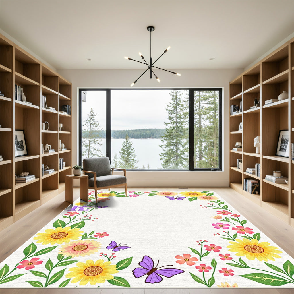 Vibrant Yellow Pink Floral Butterfly Garden Rug