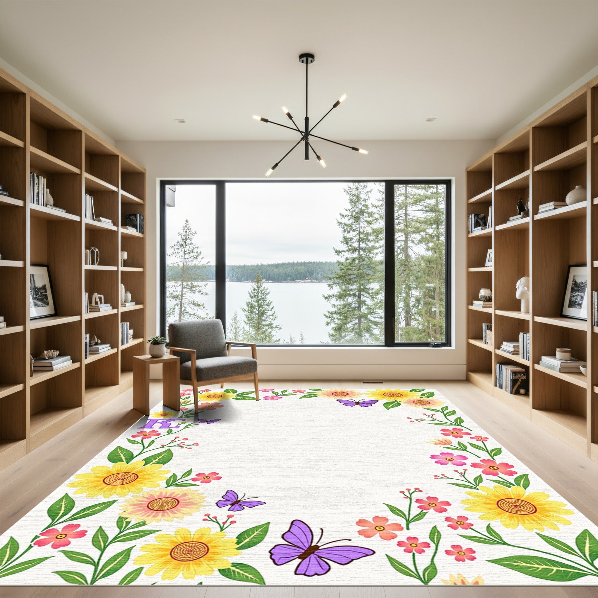 Vibrant Yellow Pink Floral Butterfly Garden Rug