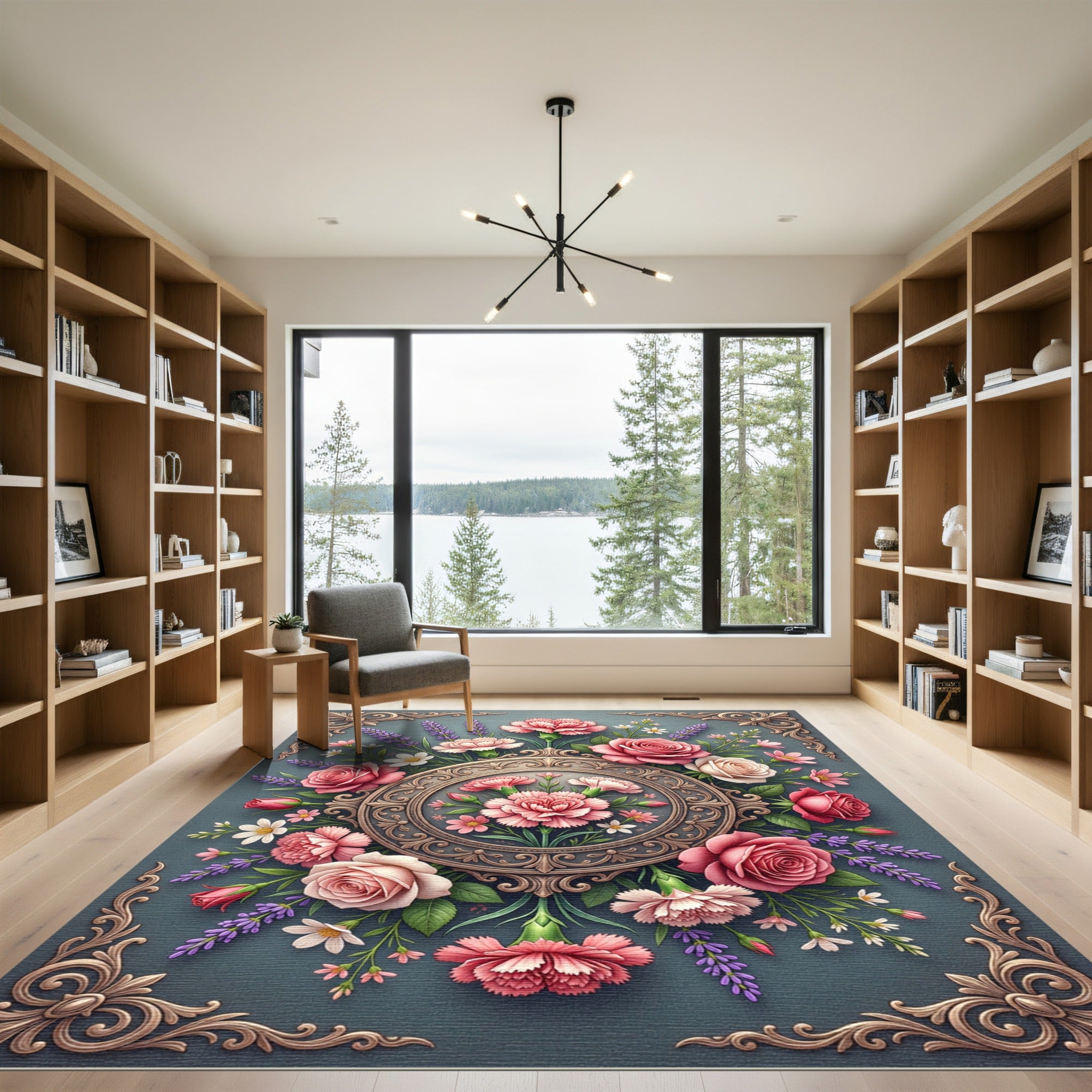 Elegant Pink Floral Rose Medallion Rug