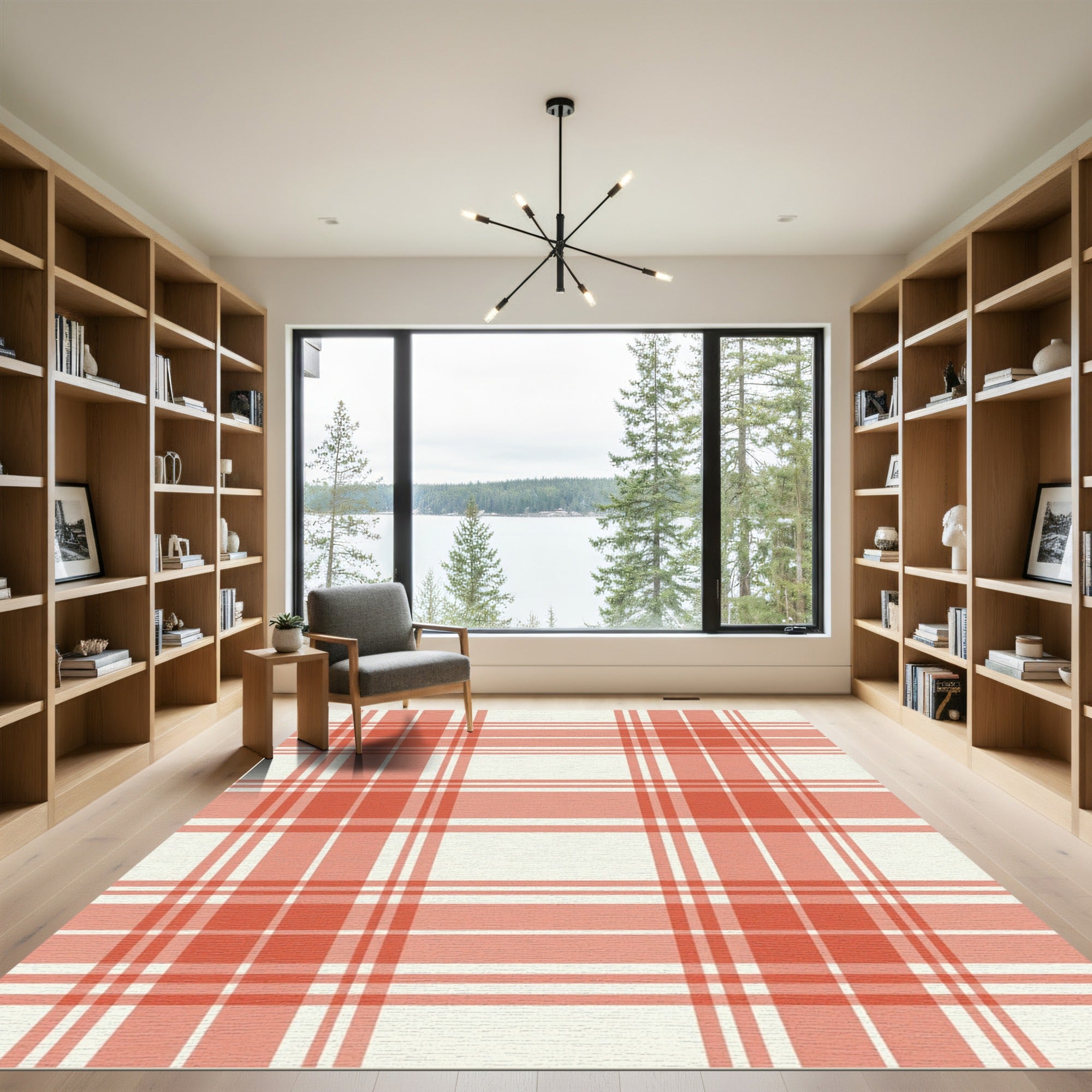 Coral Red White Tartan Plaid Rug