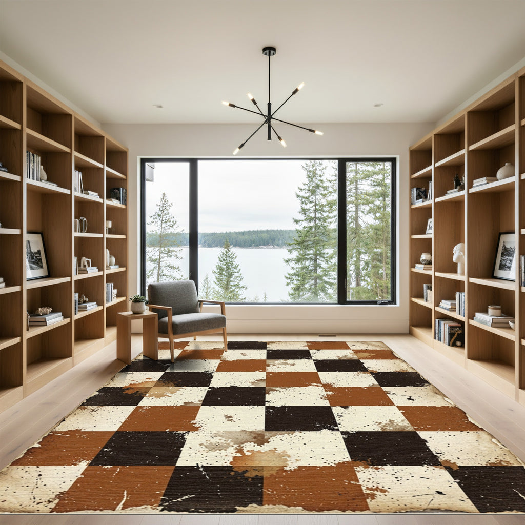 Distressed Brown and Cream Checkered Tile Rug