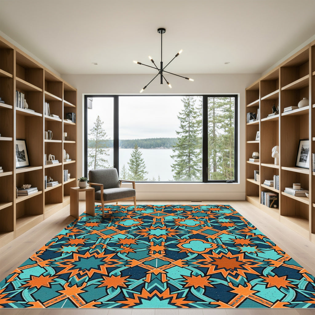Teal Orange Geometric Star Mosaic Rug