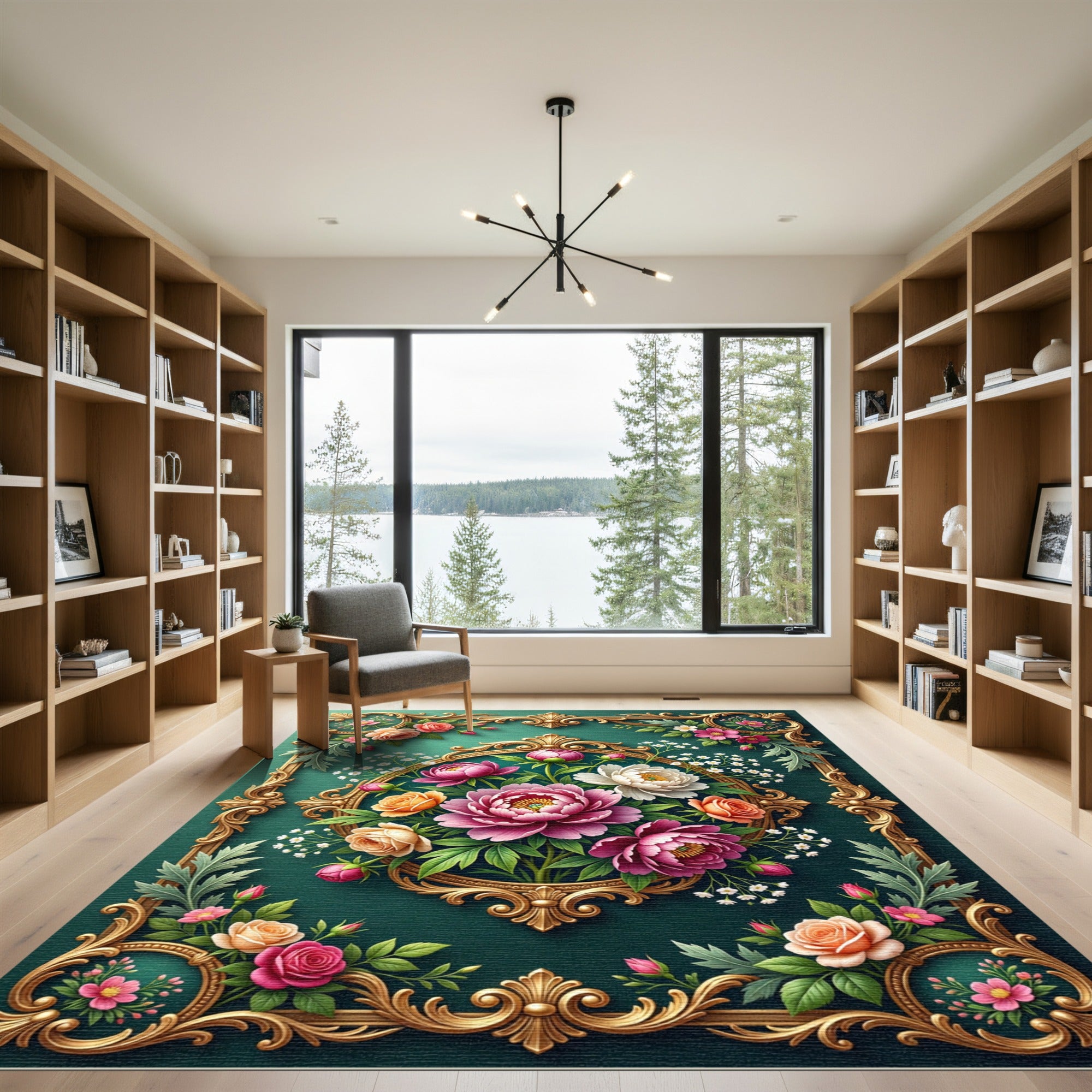 Ornate Golden Frame Peony Bouquet Rug