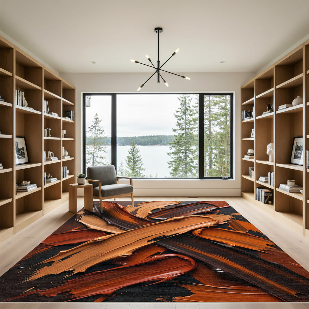 Abstract Earth Tone Brushstroke Swirl Rug