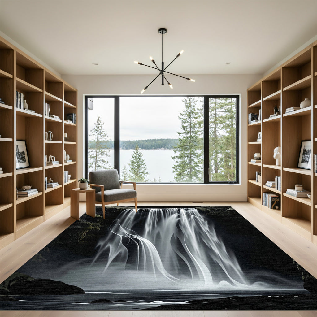 Dramatic Monochrome Waterfall Scene Rug