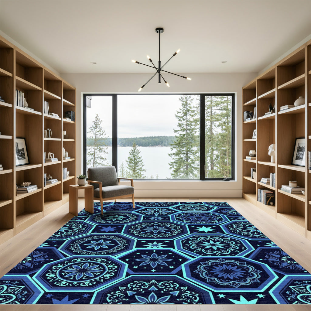 Navy Blue Geometric Hexagon Floral Rug