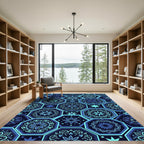 Navy Blue Geometric Hexagon Floral Rug