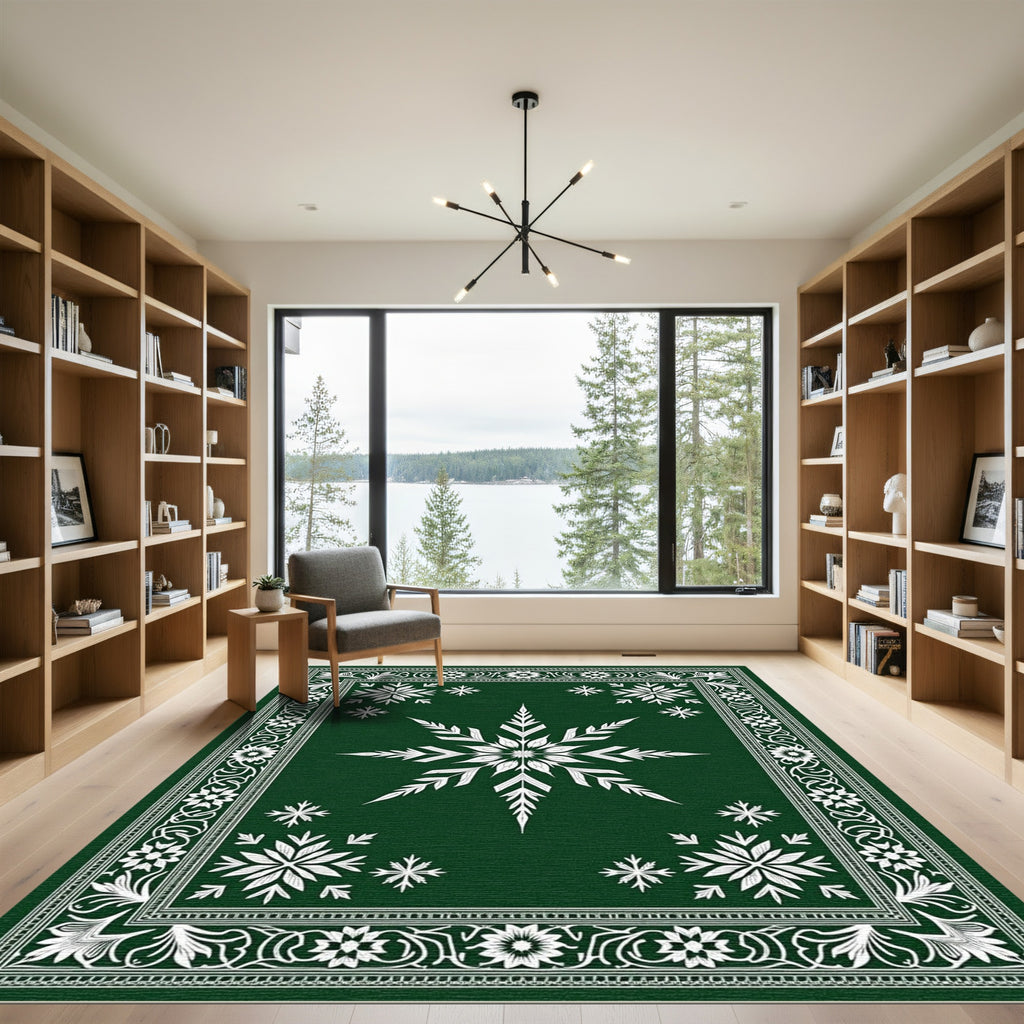 Deep Green Snowflakes Floral Border Rug