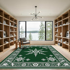 Deep Green Snowflakes Floral Border Rug