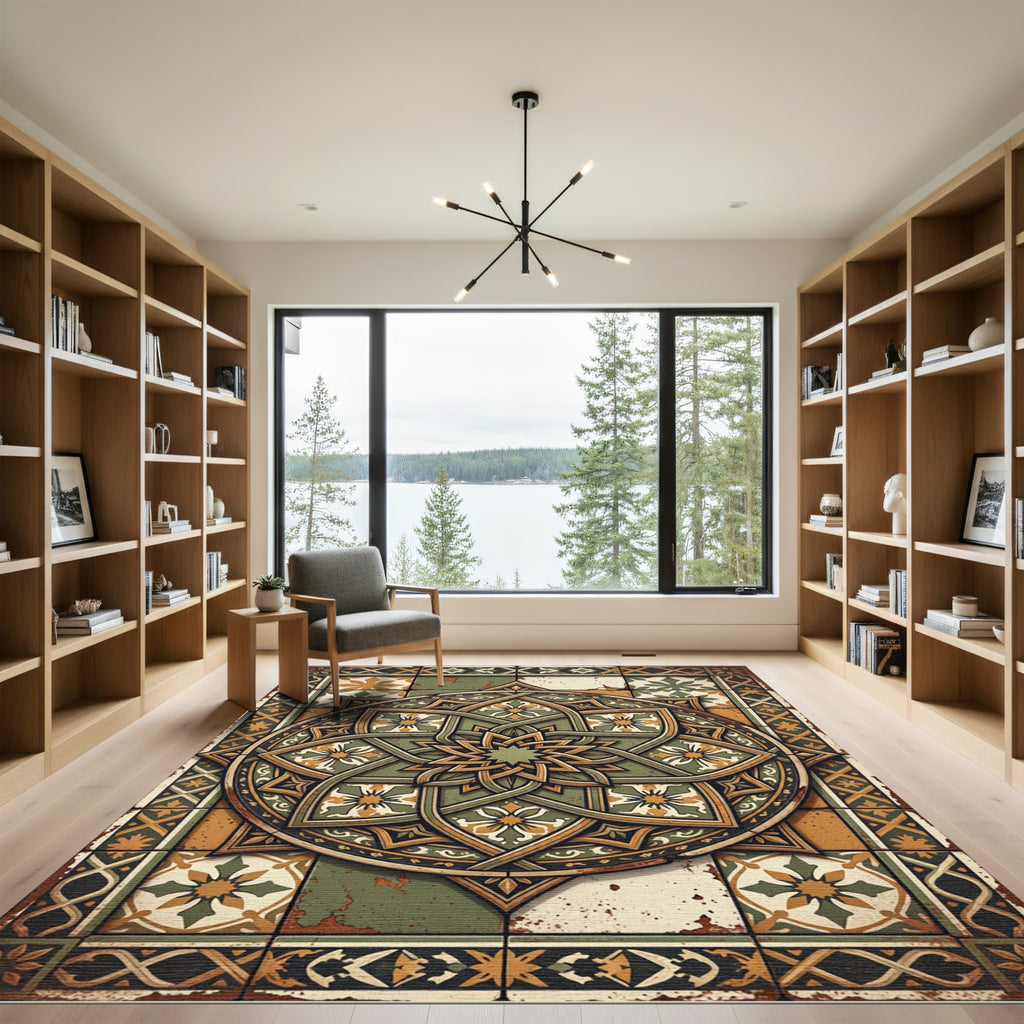 Earthy Green Geometric Star Medallion Rug