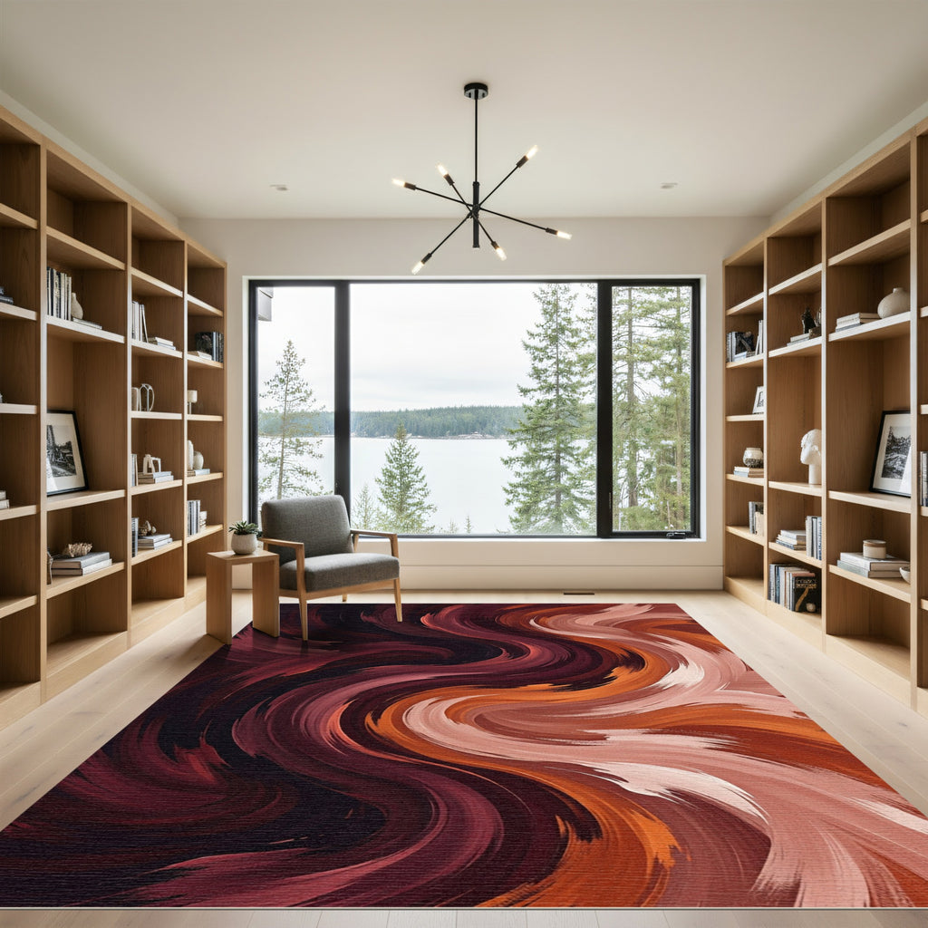 Abstract Crimson And Copper Swirl Rug